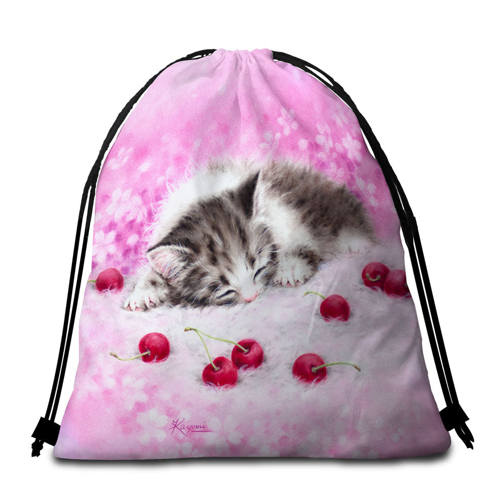 Girls Beach Towel Bags Pink Art Drawings Cherry Dream Kitty Cat