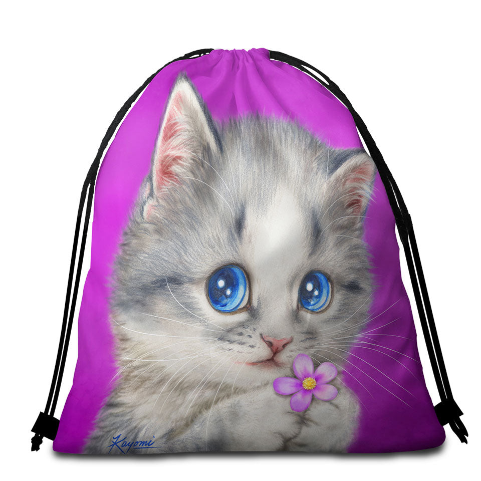 Girls Beach Towel Pack Cats Drawings Adorable Kitten Holding a Flower