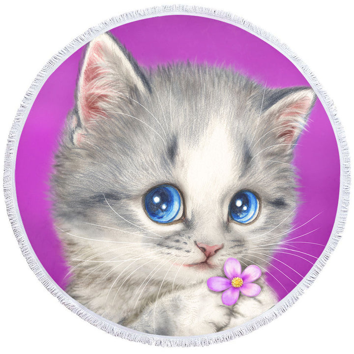 Girls Beach Towels Cats Drawings Adorable Kitten Holding a Flower
