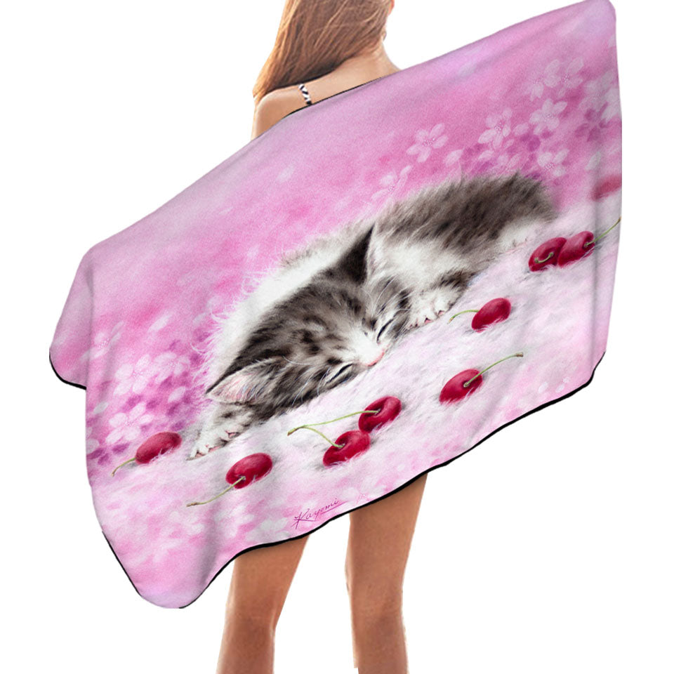 Girls Beach Towels Pink Art Drawings Cherry Dream Kitty Cat