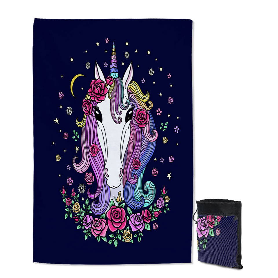 Girls Beach Towels Rainbow Haired Unicorn and Roses