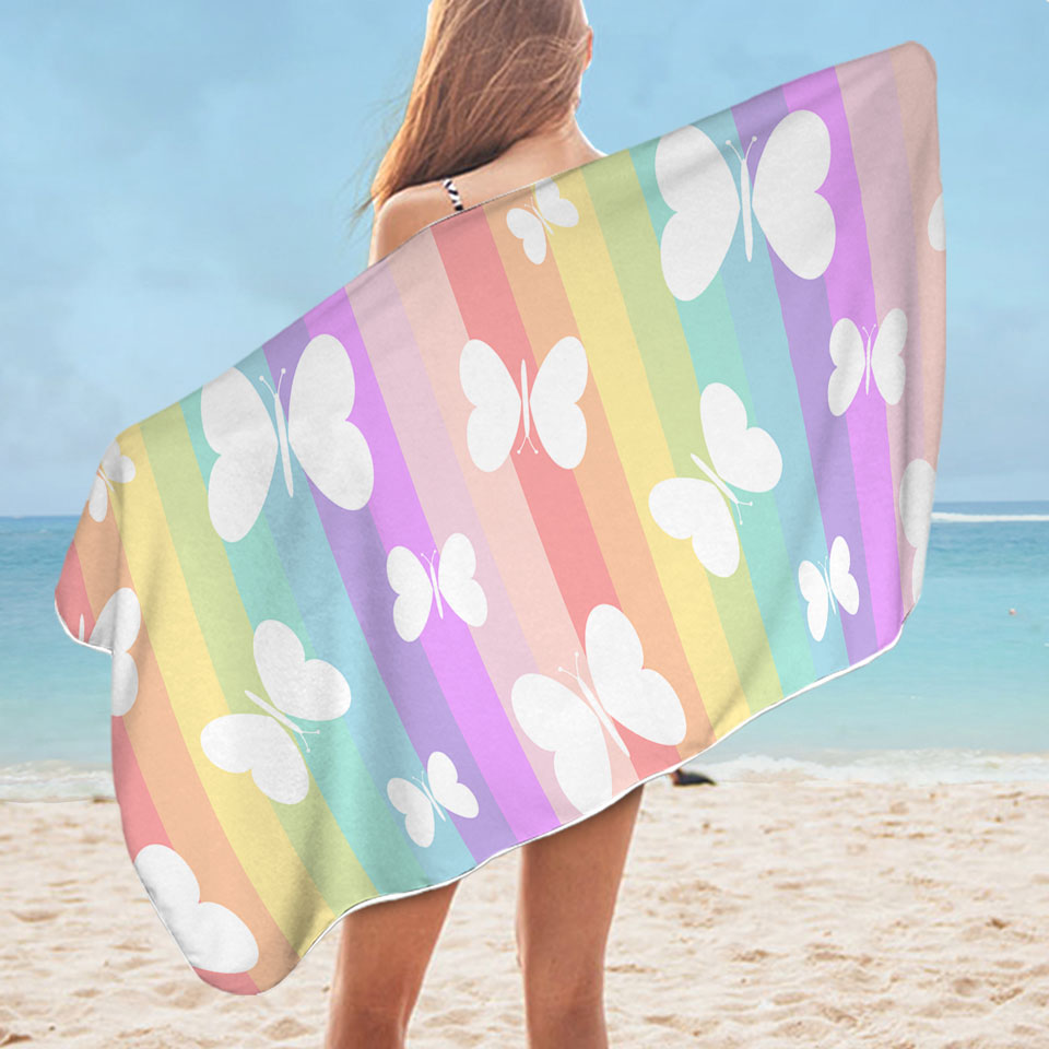 Girls Beach Towels Rainbow Stripes and Butterflies