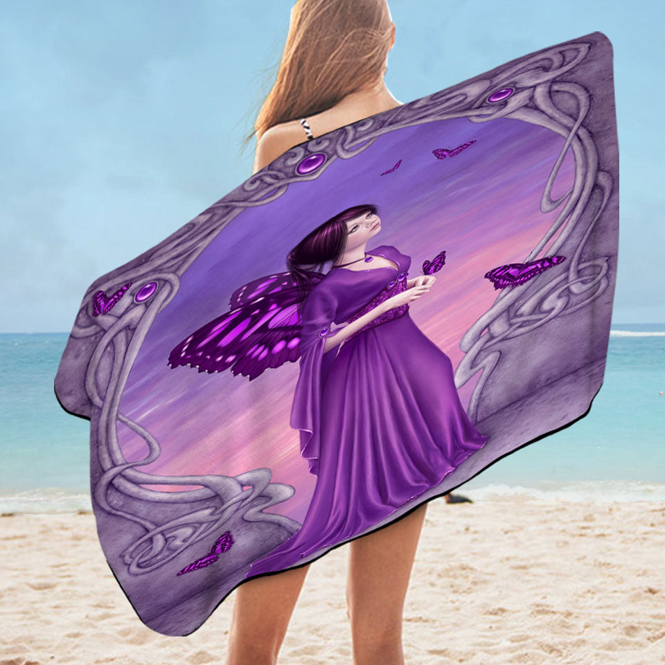 Girls Beach Towels with Butterflies and Purple Amethyst Butterfly Girl