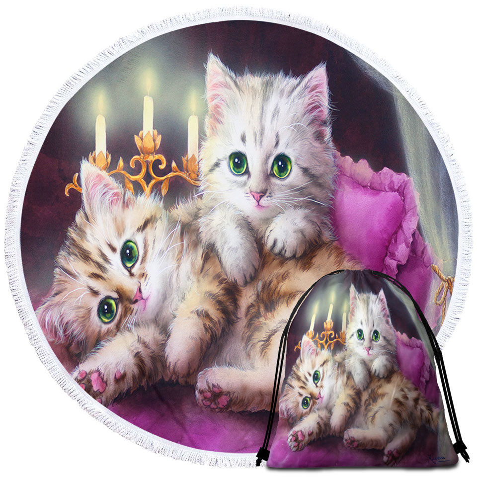Girls Beach Towels with Cats Art Paintings Candle Night Kittens
