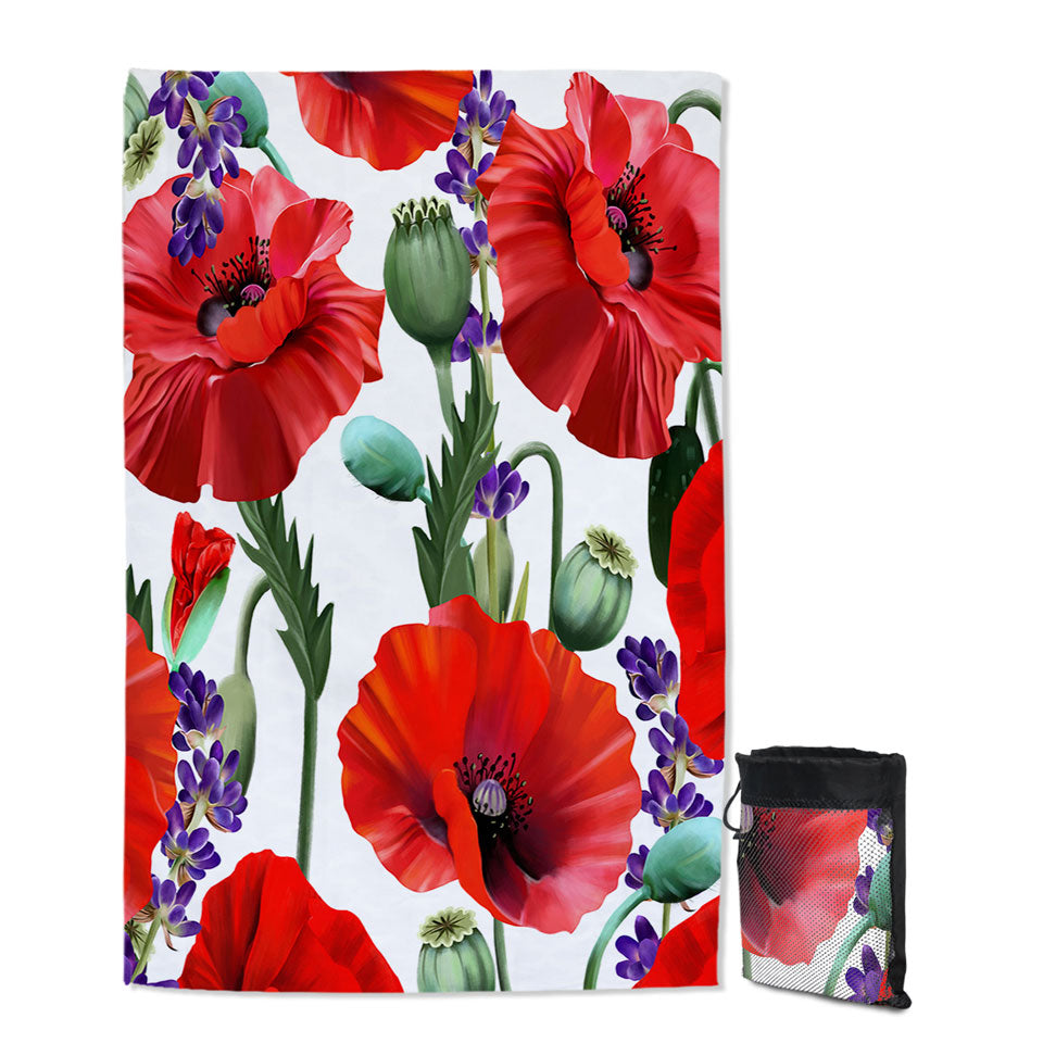 Girls Beach Towels with Purple Lavender and Red Poppy Flowers