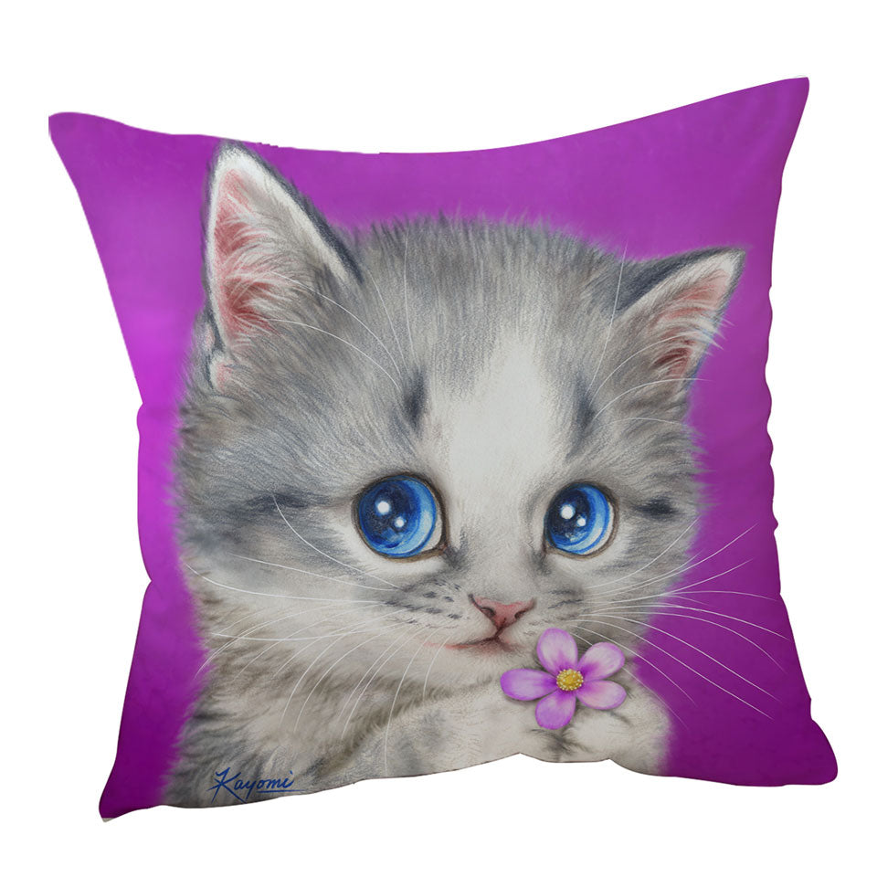 Girls Cushions Cats Drawings Adorable Kitten Holding a Flower