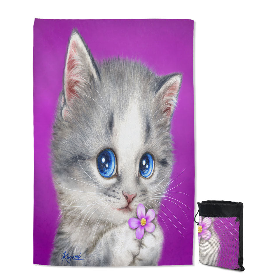 Girls Lightweight Beach Towels Cats Drawings Adorable Kitten Holding a Flower