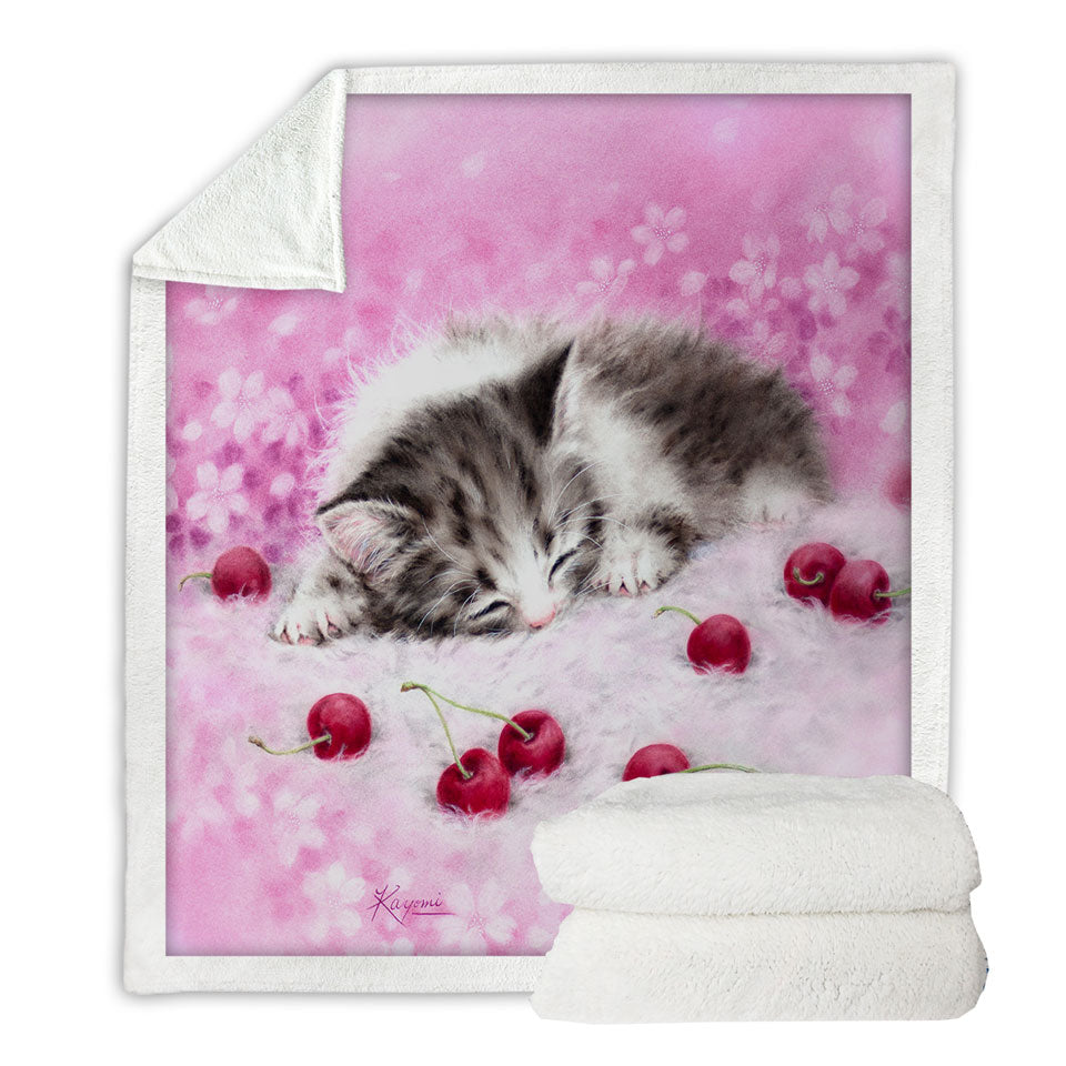 Girls Lightweight Blankets Pink Art Drawings Cherry Dream Kitty Cat