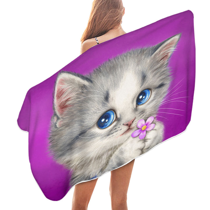 Girls Pool Towels Cats Drawings Adorable Kitten Holding a Flower