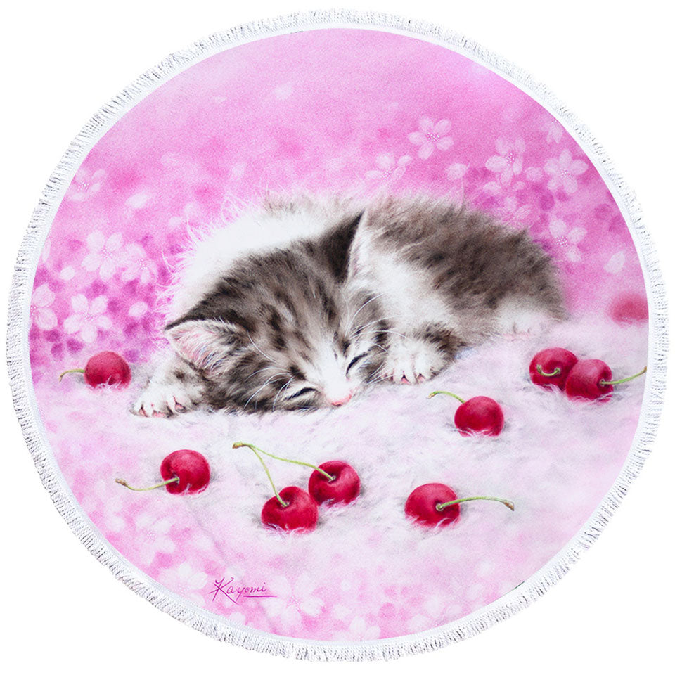 Girls Round Towels Pink Art Drawings Cherry Dream Kitty Cat