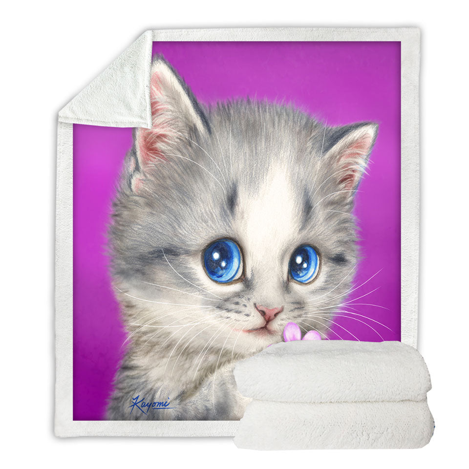 Girls Sherpa Blanket Cats Drawings Adorable Kitten Holding a Flower