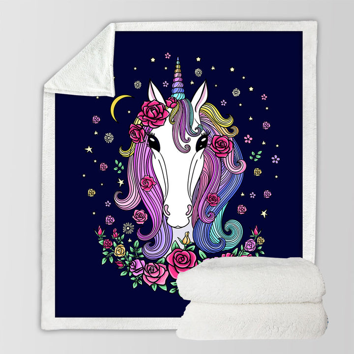 Girls Sherpa Blanket Rainbow Haired Unicorn and Roses