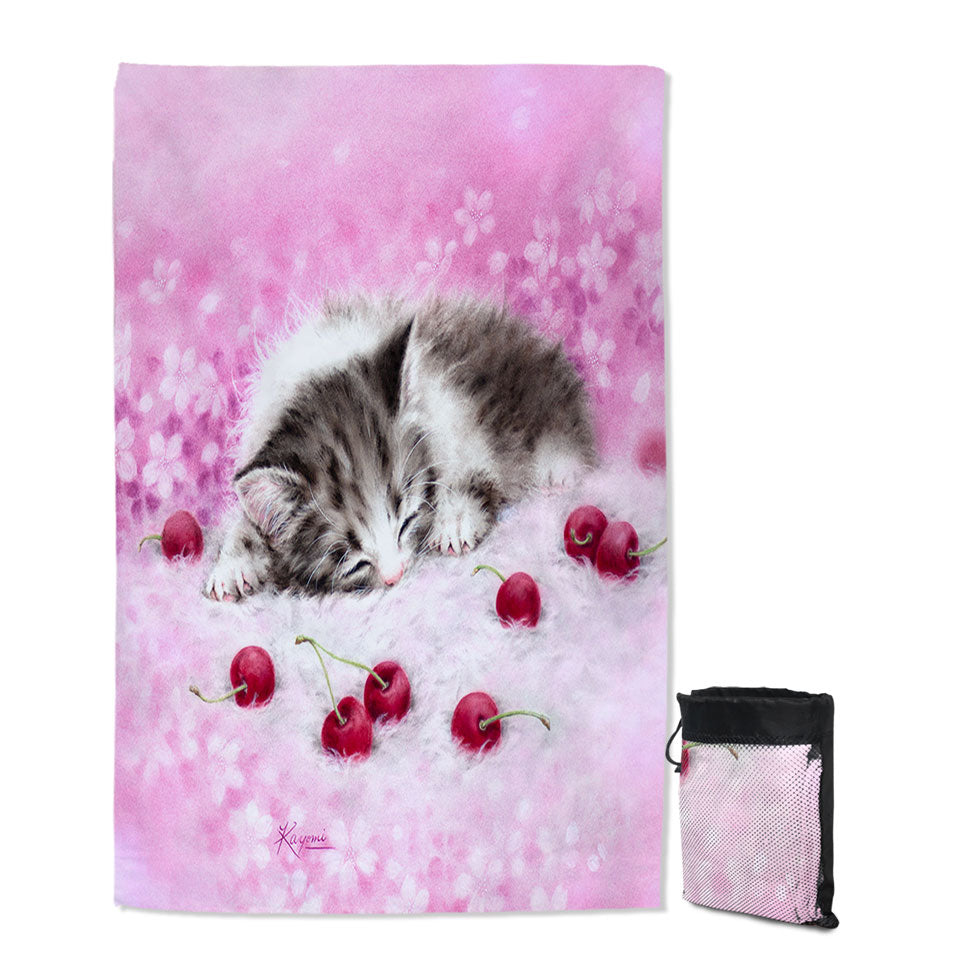 Girls Swimming Towels Pink Art Drawings Cherry Dream Kitty Cat