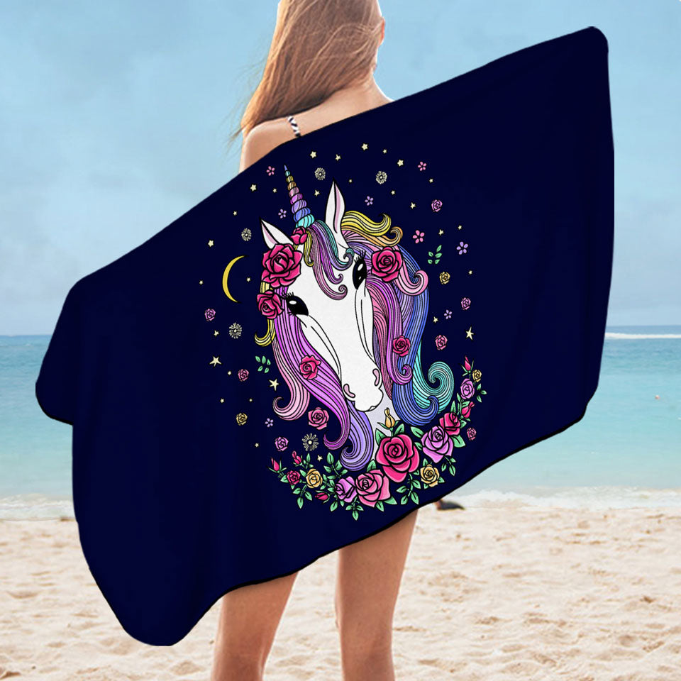 Girls Swimming Towels Rainbow Haired Unicorn and Roses