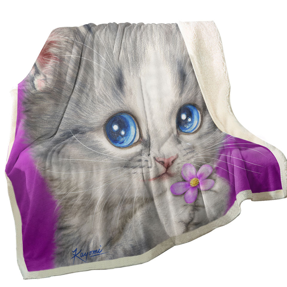 Girls Throw Blanket Cats Drawings Adorable Kitten Holding a Flower