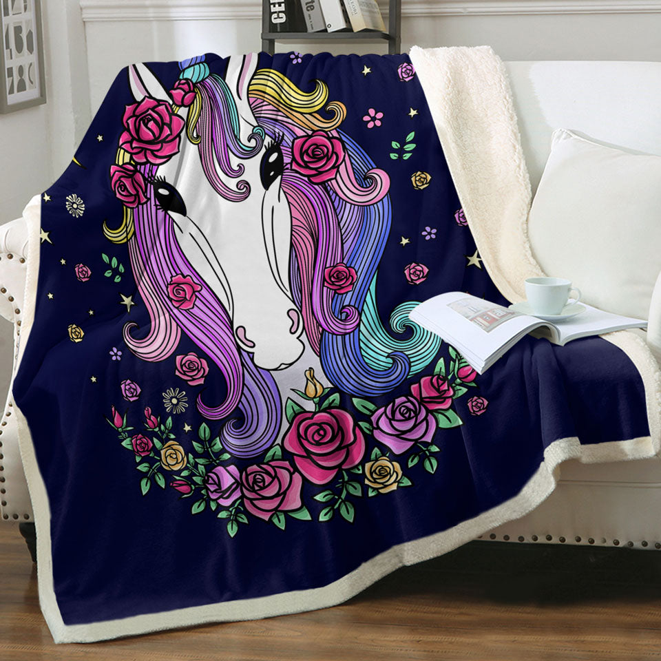 Girls Throw Blanket Rainbow Haired Unicorn and Roses