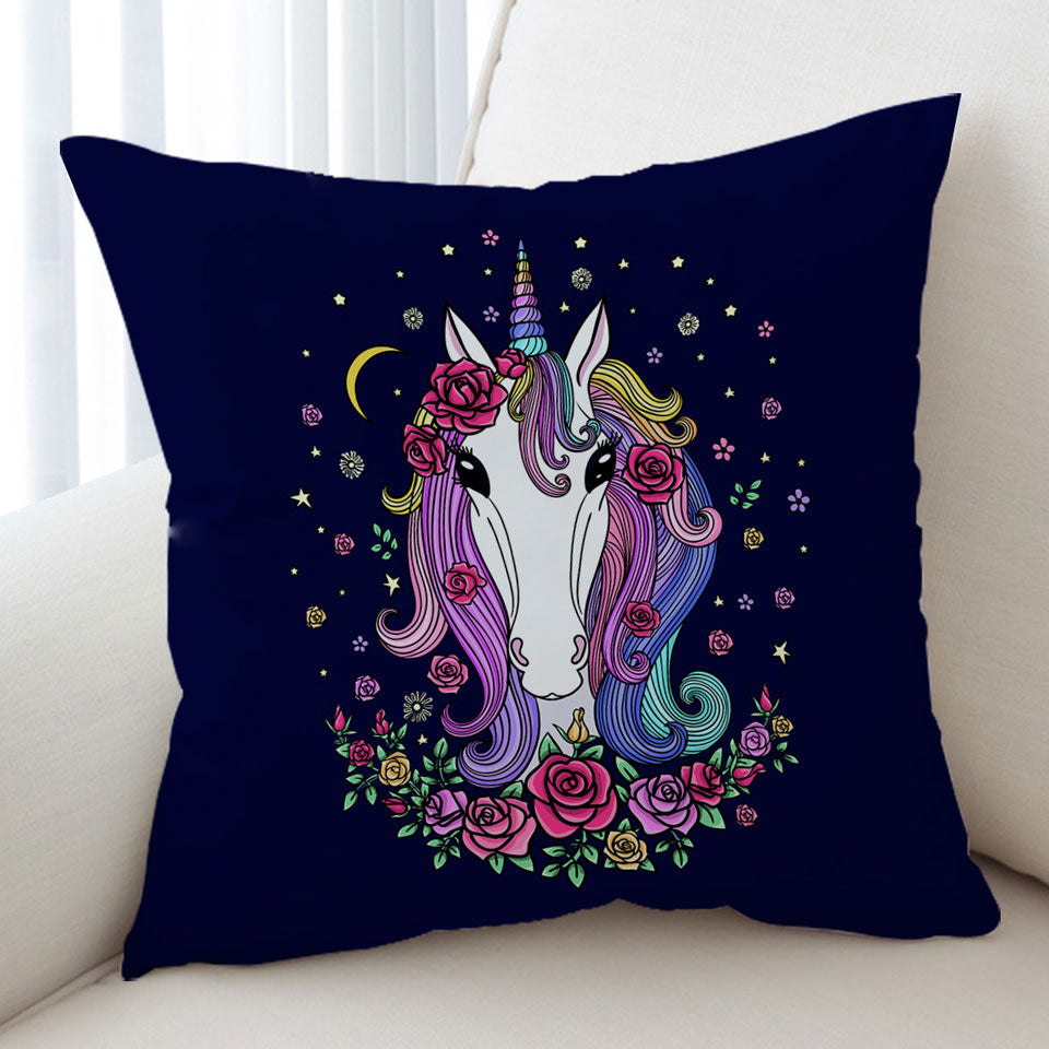 Girls Throw Pillows Rainbow Haired Unicorn and Roses