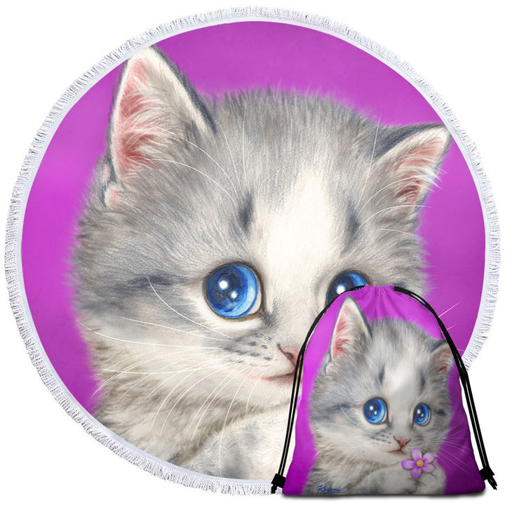 Girls Travel Beach Towel Cats Drawings Adorable Kitten Holding a Flower