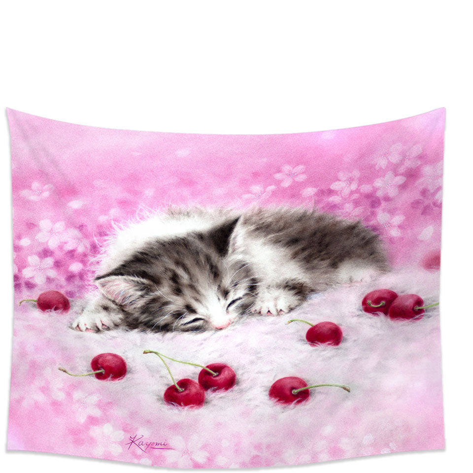 Girls Wall Decor Pink Art Drawings Cherry Dream Kitty Cat Tapestry