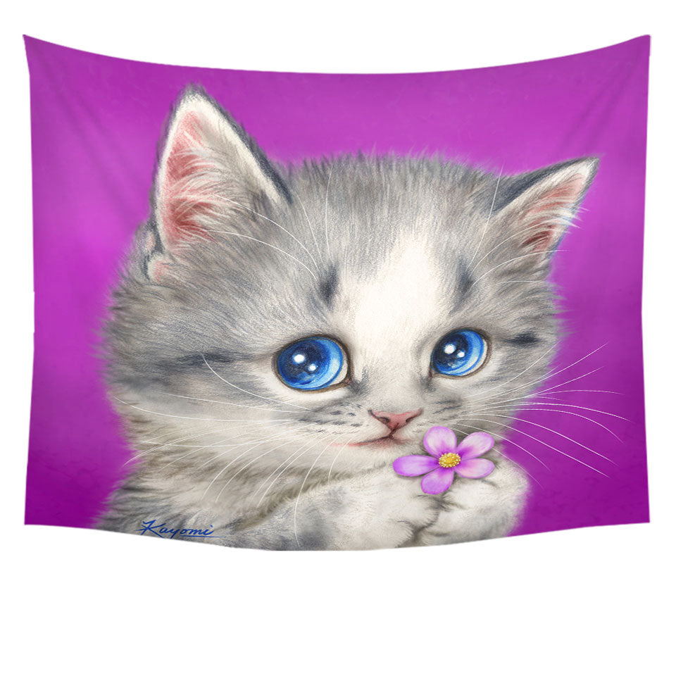 Girls Wall Decor Tapestry Cats Drawings Adorable Kitten Holding a Flower