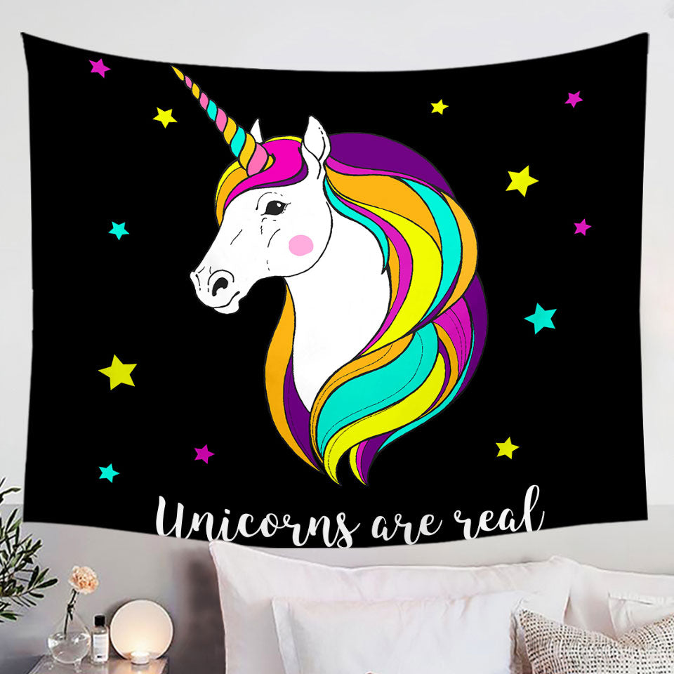 Girls Wall Decor Tapestry with Multi Colored Unicorn and Stars
