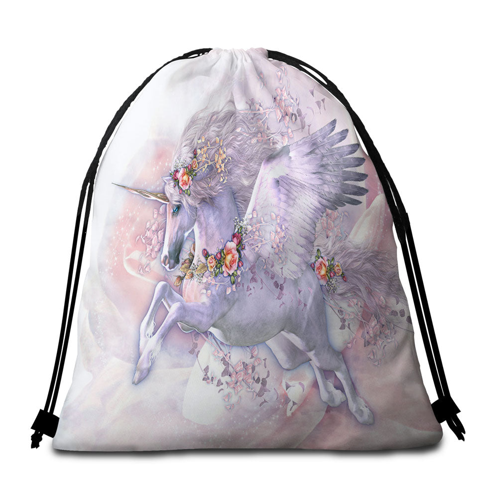 Girly Beach Bags and Towels Spring Flight Rosy Roses and Unicorn Pegasus