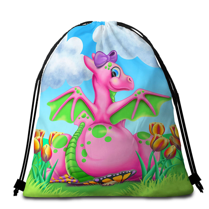 Girly Beach Towel Bag Squishy the Cute Pink Dragon Girl