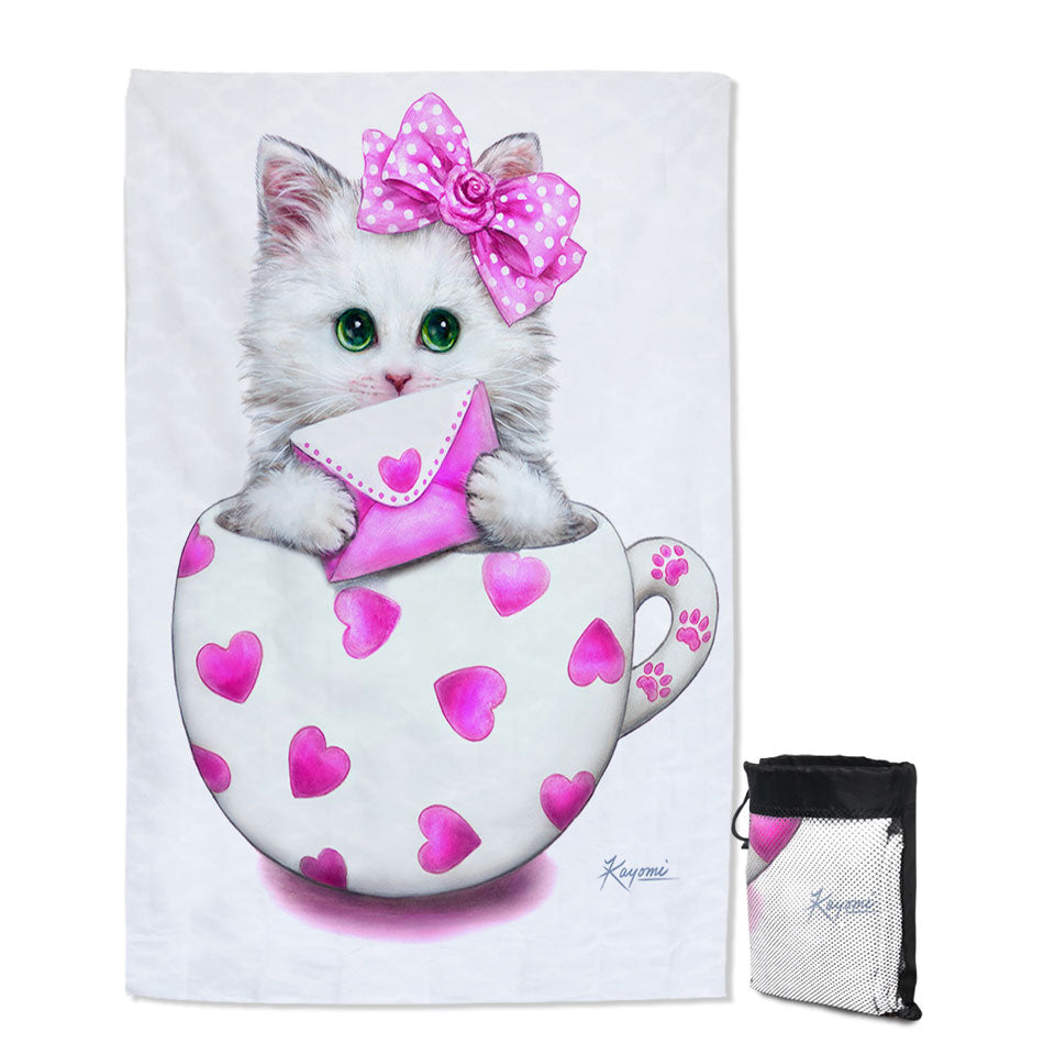 Girly Beach Towels Cat Art Drawings the Hearts Cup Kitty