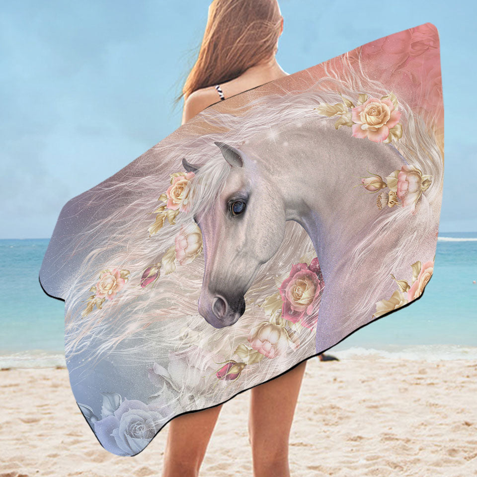 Girly Beach Towels Winter Rose Roses and White Horse