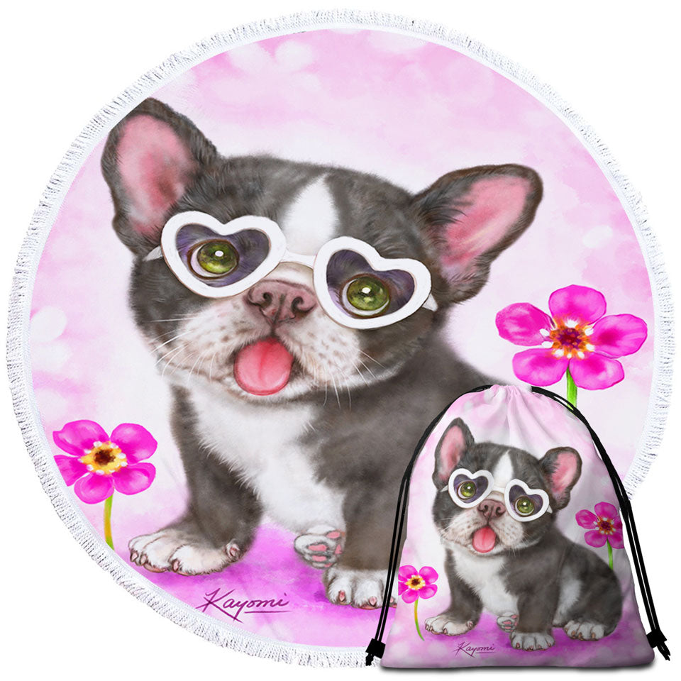 Girly Beach Towels with Dog Design Cute French Bulldog Puppy