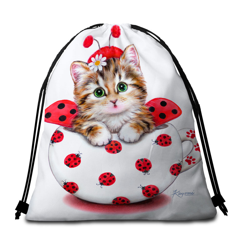 Girly Cat Art Drawings the Cup Kitty Lady Bug Beach Towel Bags