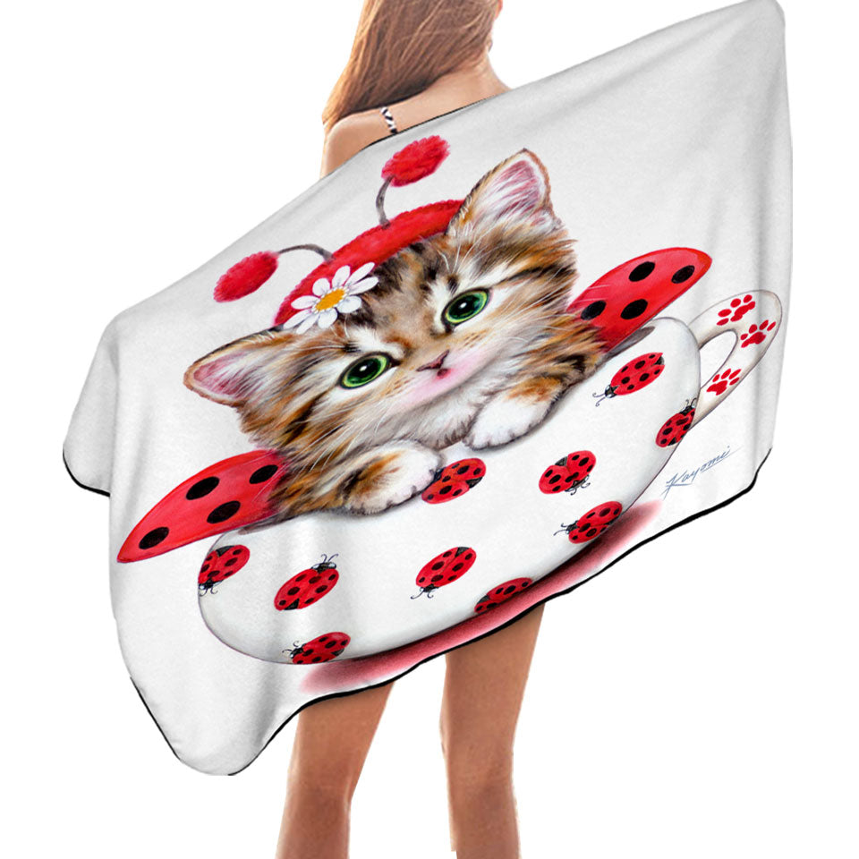 Girly Cat Art Drawings the Cup Kitty Lady Bug Beach Towels