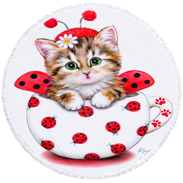 Girly Cat Art Drawings the Cup Kitty Lady Bug Circle Beach Towel