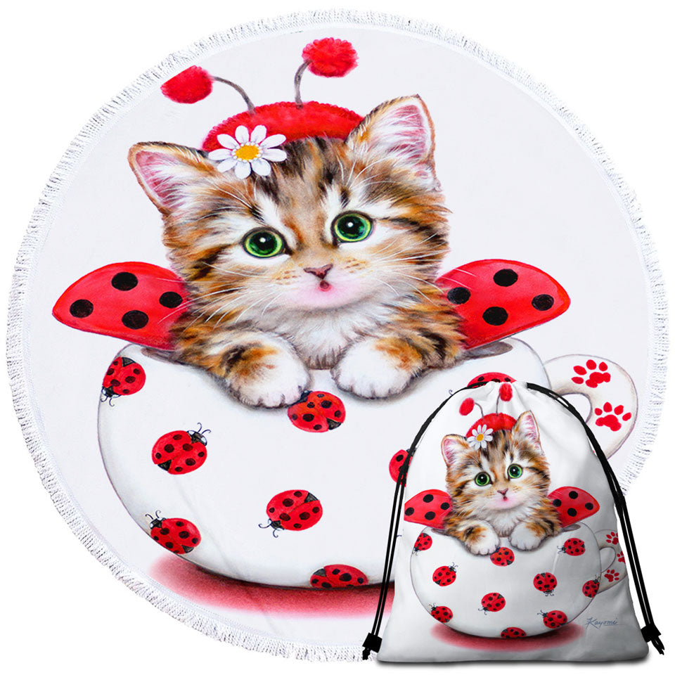 Girly Cat Art Drawings the Cup Kitty Lady Bug Round Beach Towels