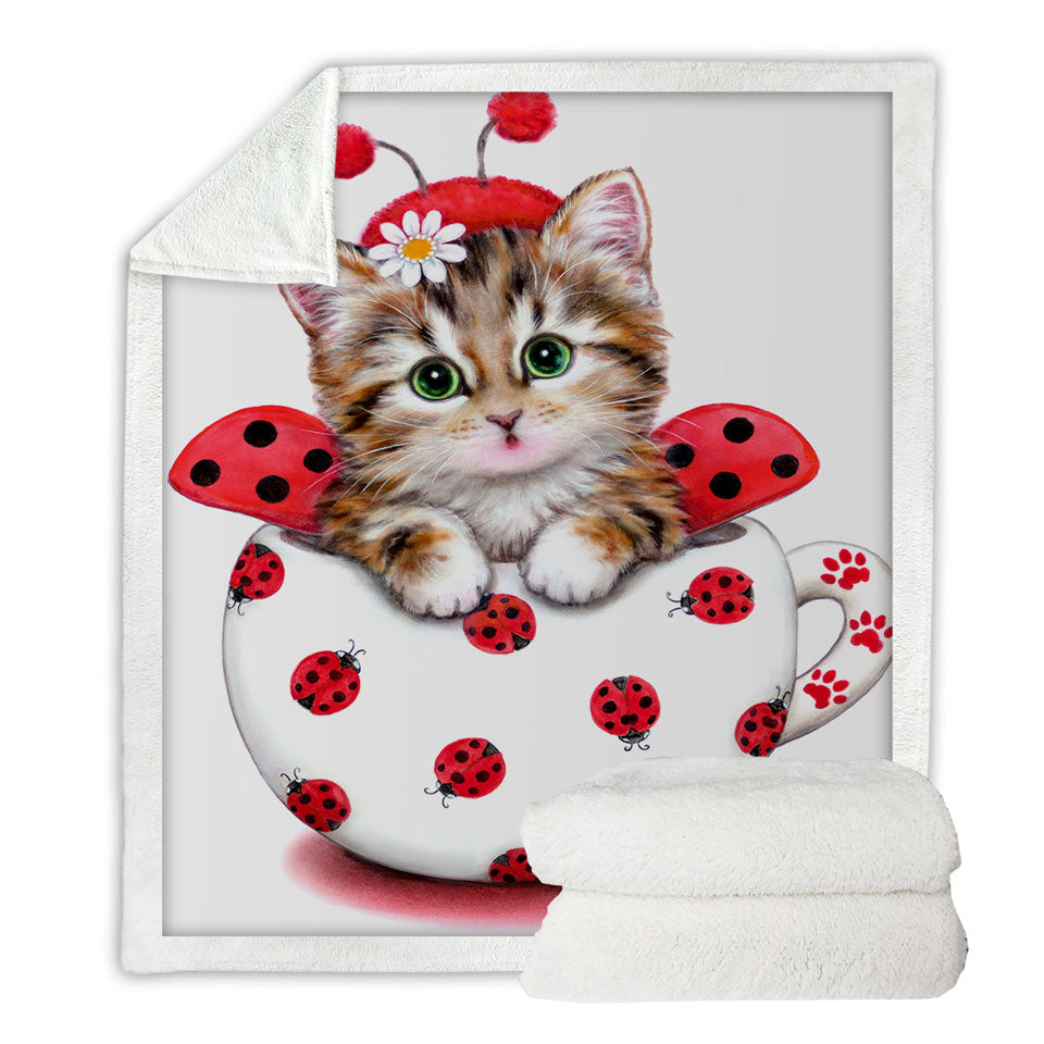 Girly Cat Art Drawings the Cup Kitty Lady Bug Throw Blanket