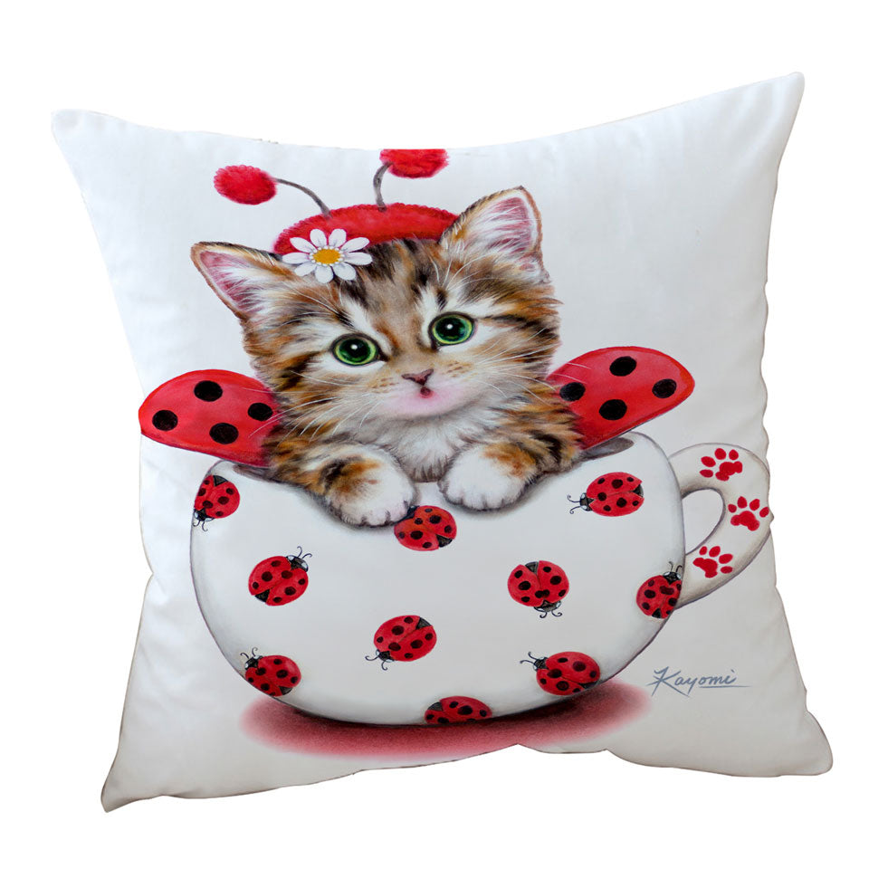 Girly Cat Art Drawings the Cup Kitty Lady Bug Throw Pillow
