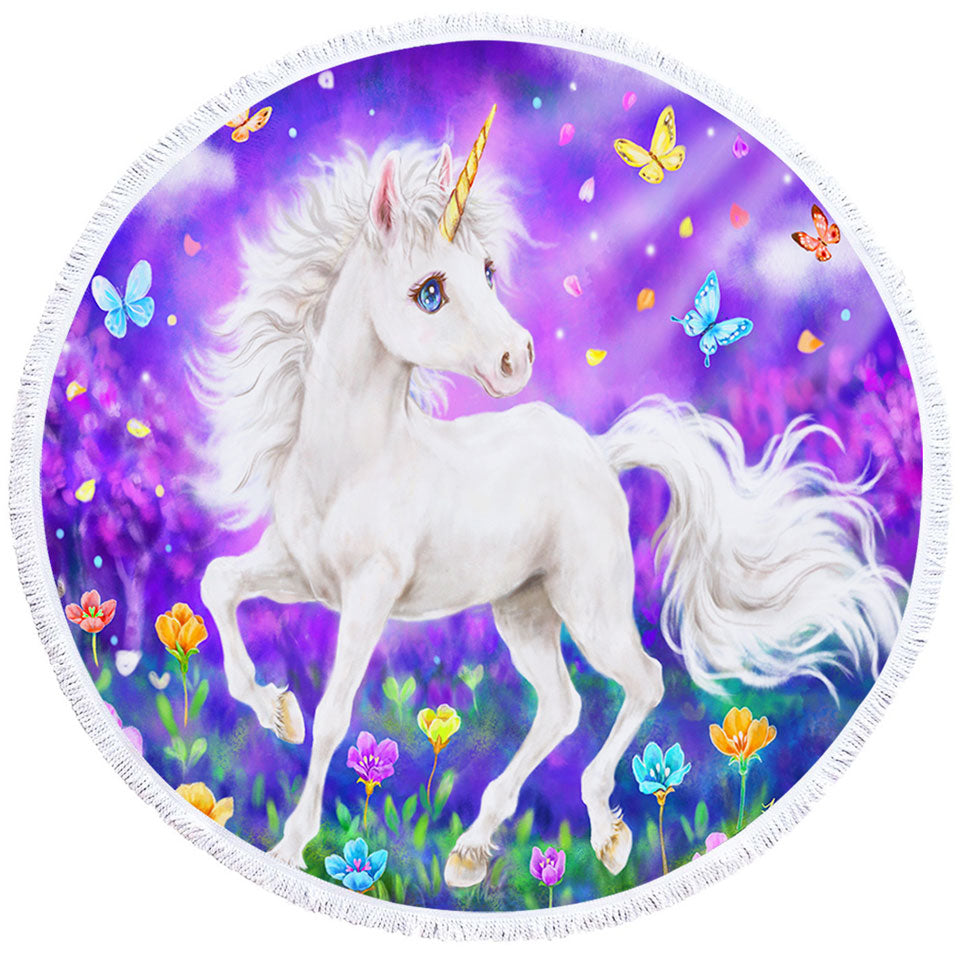 Girly Circle Beach Towel Fantasy Designs Butterflies and Unicorn