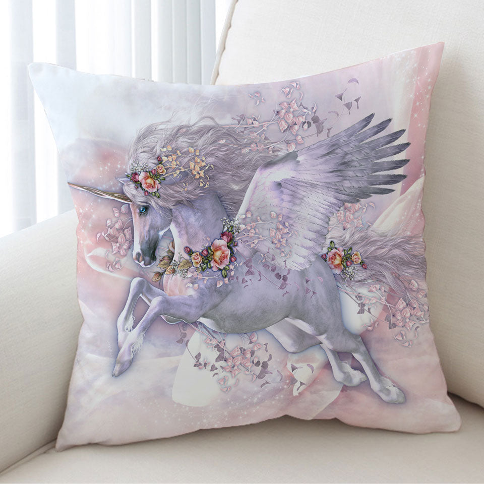 Girly Cushion Covers Spring Flight Rosy Roses and Unicorn Pegasus