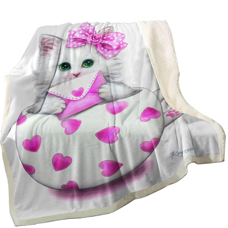 Girly Decorative Blankets Cat Art Drawings the Hearts Cup Kitty