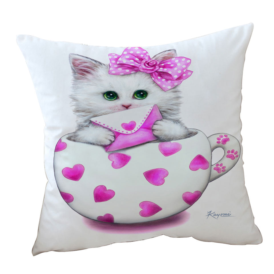 Girly Decorative Pillows Cat Art Drawings the Hearts Cup Kitty