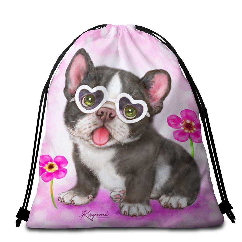 Girly Dog Design Cute French Bulldog Puppy Beach Towel Bags