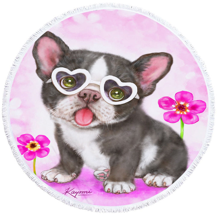Girly Dog Design Cute French Bulldog Puppy Circle Beach Towel