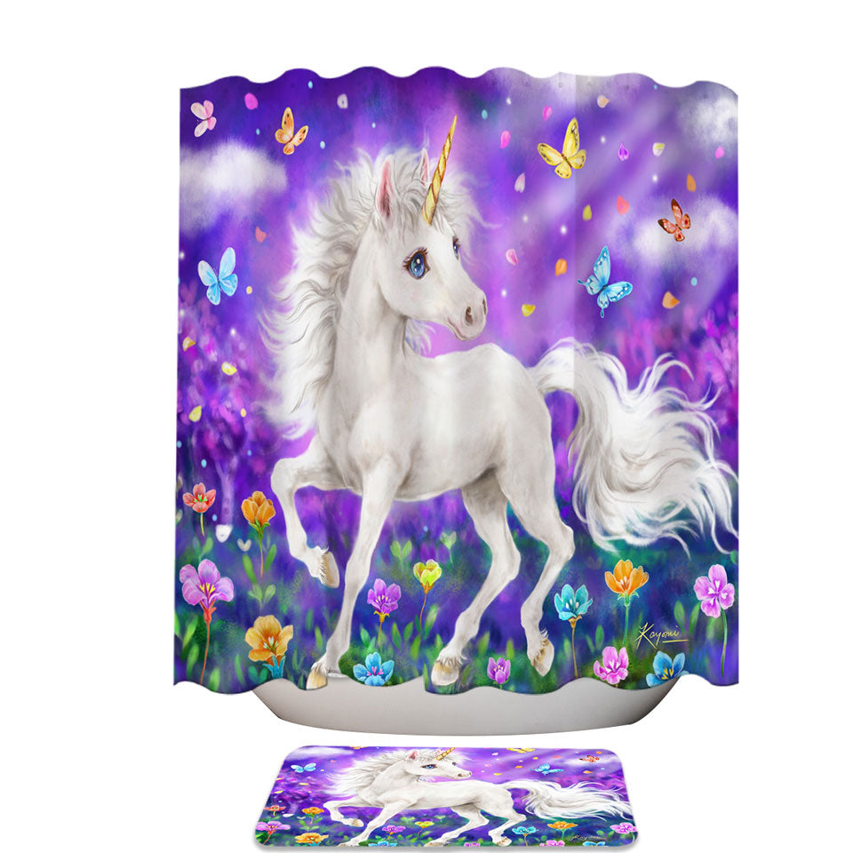 Girly Fabric Shower Curtains Fantasy Designs Butterflies and Unicorn