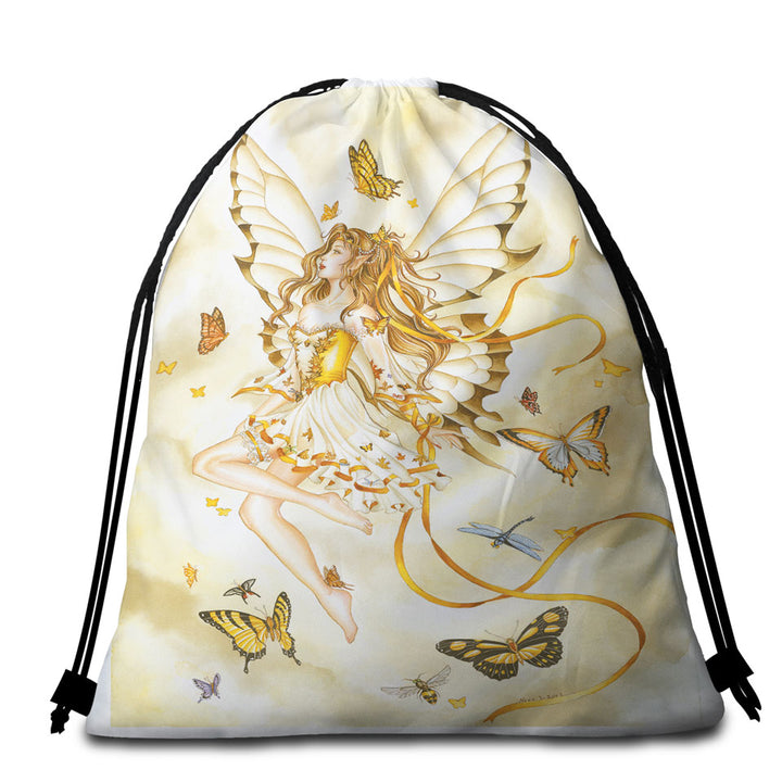Girly Fantasy Art Rhapsody in Gold Butterfly Girl Beach Bags and Towels
