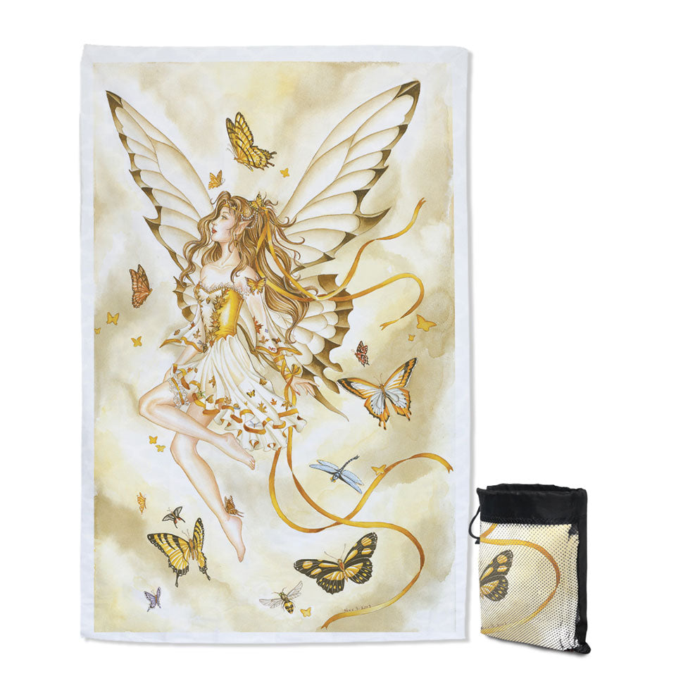 Girly Fantasy Art Rhapsody in Gold Butterfly Girl Beach Towels