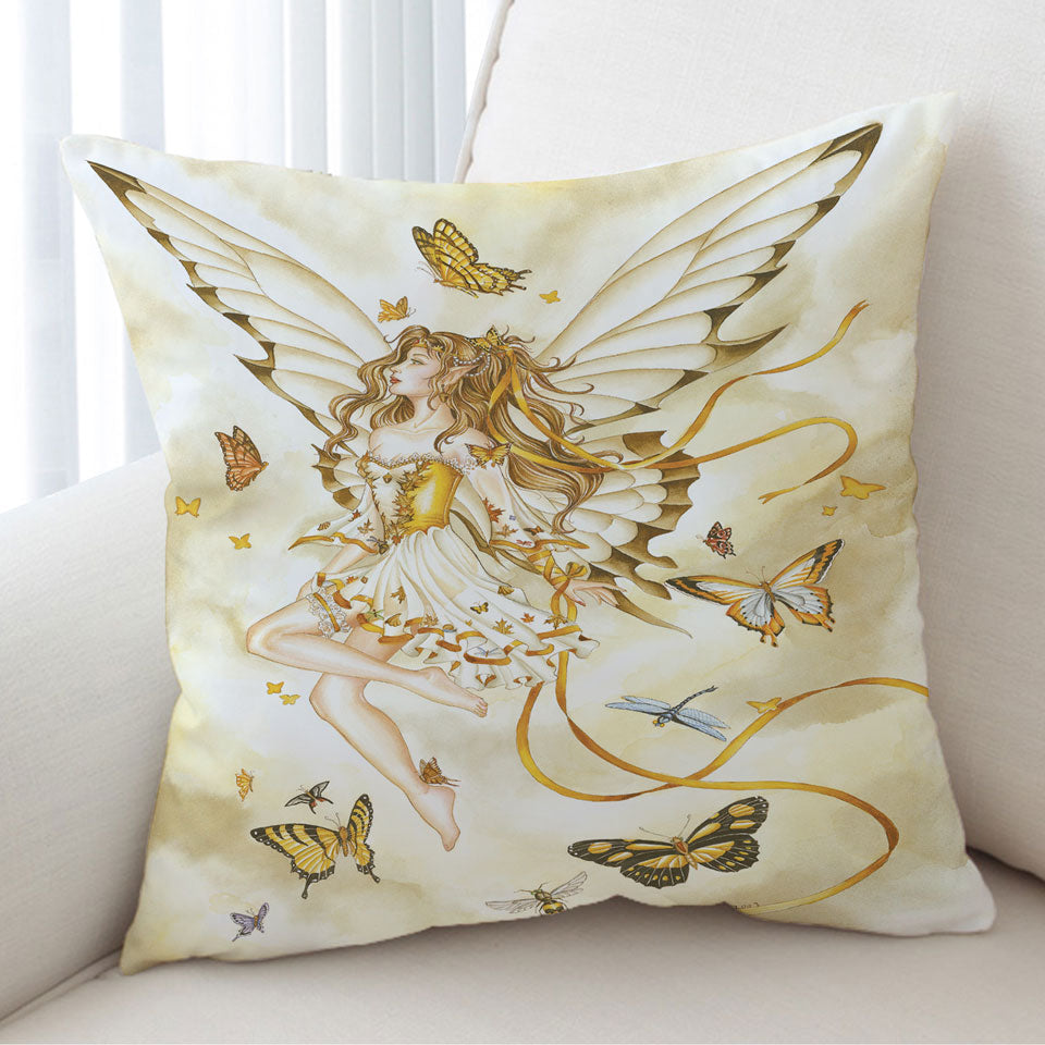 Girly Fantasy Art Rhapsody in Gold Butterfly Girl Cushion