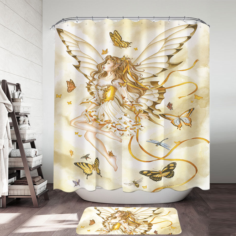 Girly Fantasy Art Rhapsody in Gold Butterfly Girl Shower Curtains