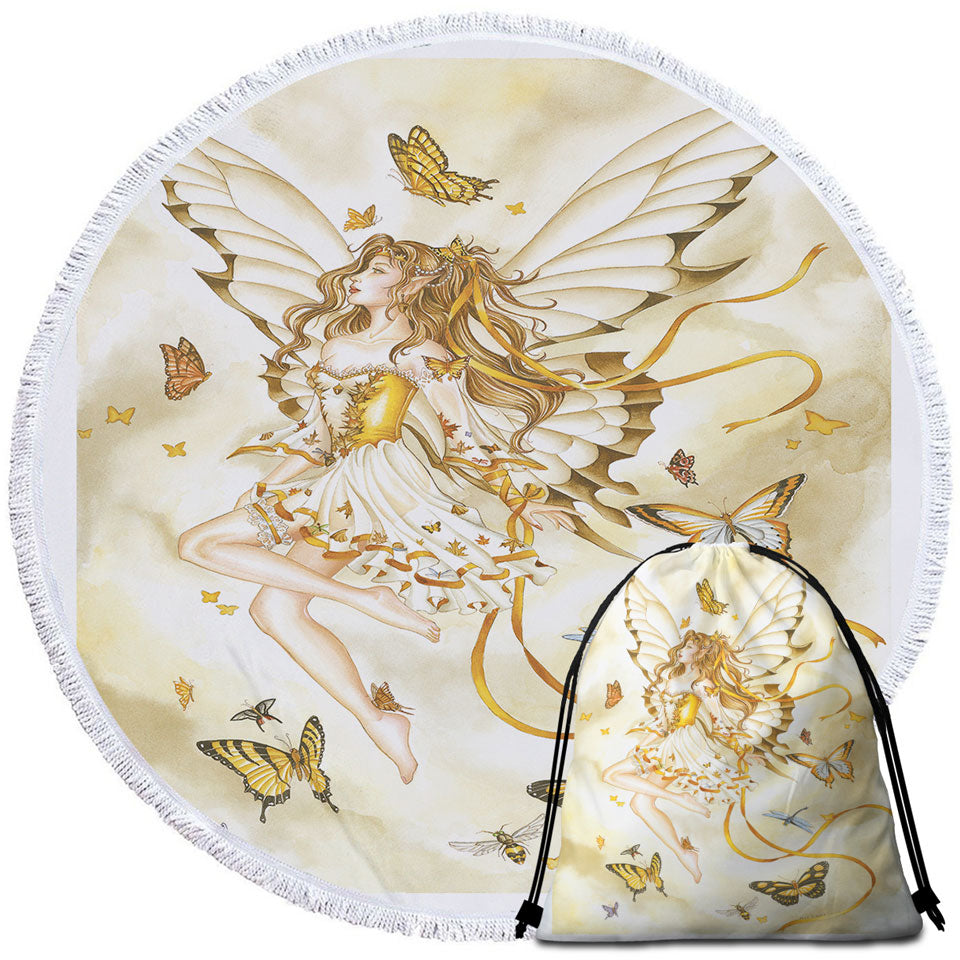 Girly Fantasy Art Rhapsody in Gold Butterfly Girl Unique Beach Towels