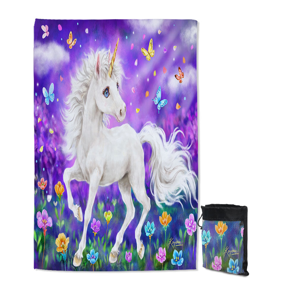 Girly Lightweight Beach Towel Fantasy Designs Butterflies and Unicorn