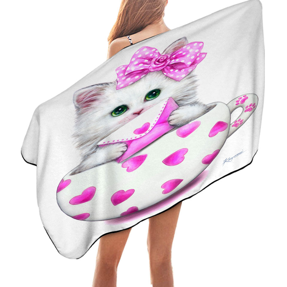 Girly Microfiber Beach Towel Cat Art Drawings the Hearts Cup Kitty